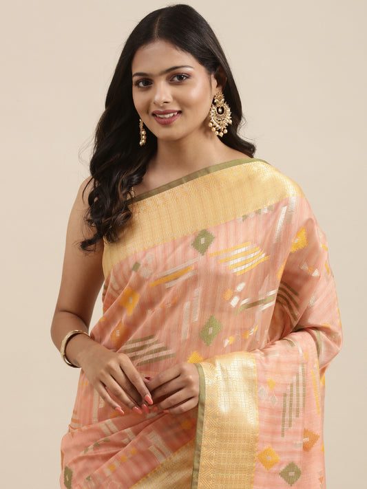 Faishana Presents Handwoven Peach Mulberry Silk Geometrical Motif Tilfi Zari Border With Parrot Green Blouse Banarasi Saree