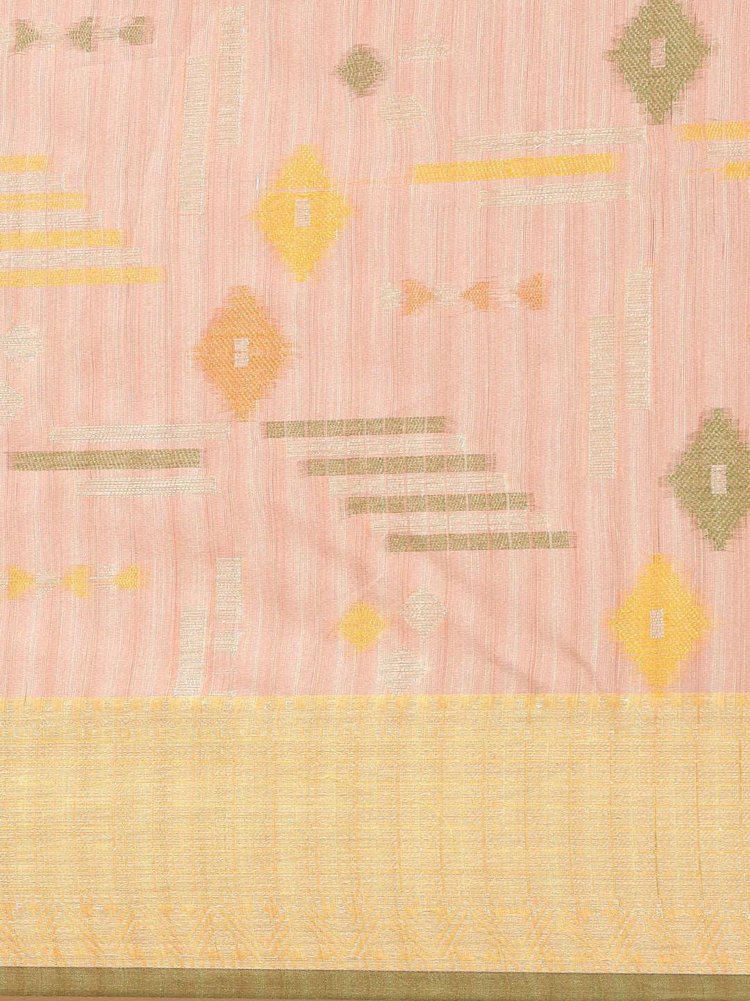 Faishana Presents Handwoven Peach Mulberry Silk Geometrical Motif Tilfi Zari Border With Parrot Green Blouse Banarasi Saree
