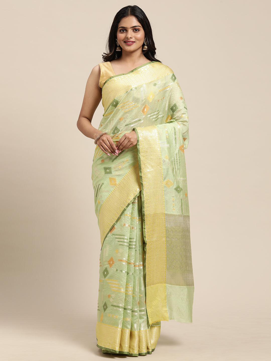 Faishana Presents Handwoven Pistachio Green Mulberry Silk Geometrical Motif Tilfi Zari Border With Parrot Green Blouse Banarasi Saree