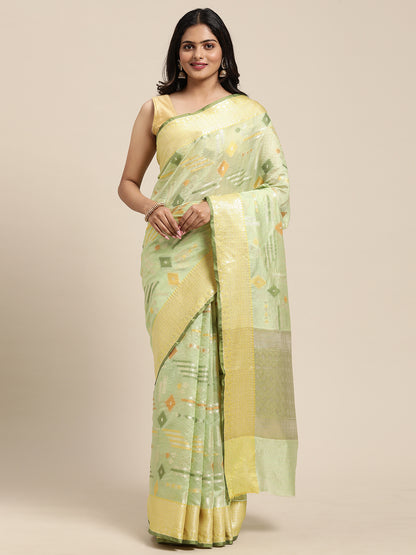 Faishana Presents Handwoven Pistachio Green Mulberry Silk Geometrical Motif Tilfi Zari Border With Parrot Green Blouse Banarasi Saree
