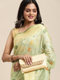 Faishana Presents Handwoven Pistachio Green Mulberry Silk Geometrical Motif Tilfi Zari Border With Parrot Green Blouse Banarasi Saree