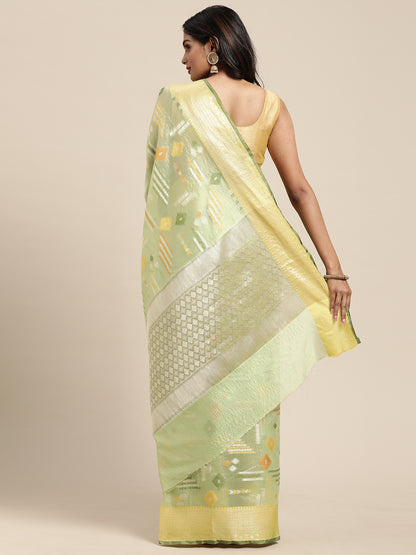 Faishana Presents Handwoven Pistachio Green Mulberry Silk Geometrical Motif Tilfi Zari Border With Parrot Green Blouse Banarasi Saree