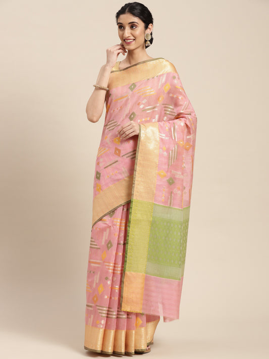 Faishana Presents Handwoven Pink Mulberry Silk Geometrical Motif Tilfi Zari Border With Parrot Green Blouse Banarasi Saree