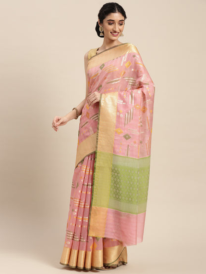Faishana Presents Handwoven Pink Mulberry Silk Geometrical Motif Tilfi Zari Border With Parrot Green Blouse Banarasi Saree