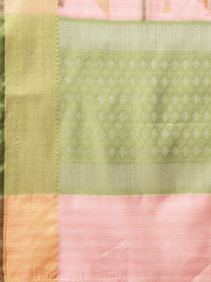 Faishana Presents Handwoven Pink Mulberry Silk Geometrical Motif Tilfi Zari Border With Parrot Green Blouse Banarasi Saree