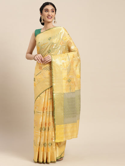 Faishana Presents Handwoven Gold Mulberry Silk Geometrical Motif Tilfi Zari Border With Green Blouse Banarasi Saree