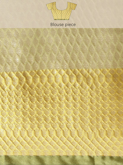 Faishana Presents Handwoven Gold Mulberry Silk Geometrical Motif Tilfi Zari Border With Green Blouse Banarasi Saree
