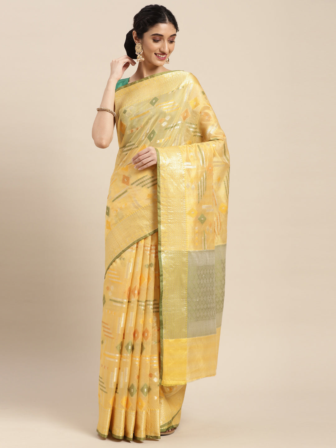Faishana Presents Handwoven Gold Mulberry Silk Geometrical Motif Tilfi Zari Border With Green Blouse Banarasi Saree