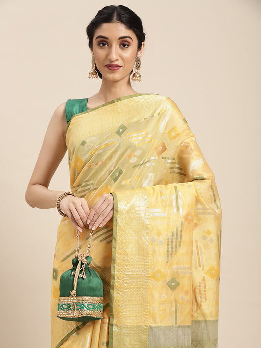 Faishana Presents Handwoven Gold Mulberry Silk Geometrical Motif Tilfi Zari Border With Green Blouse Banarasi Saree
