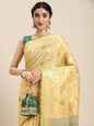 Faishana Presents Handwoven Gold Mulberry Silk Geometrical Motif Tilfi Zari Border With Green Blouse Banarasi Saree