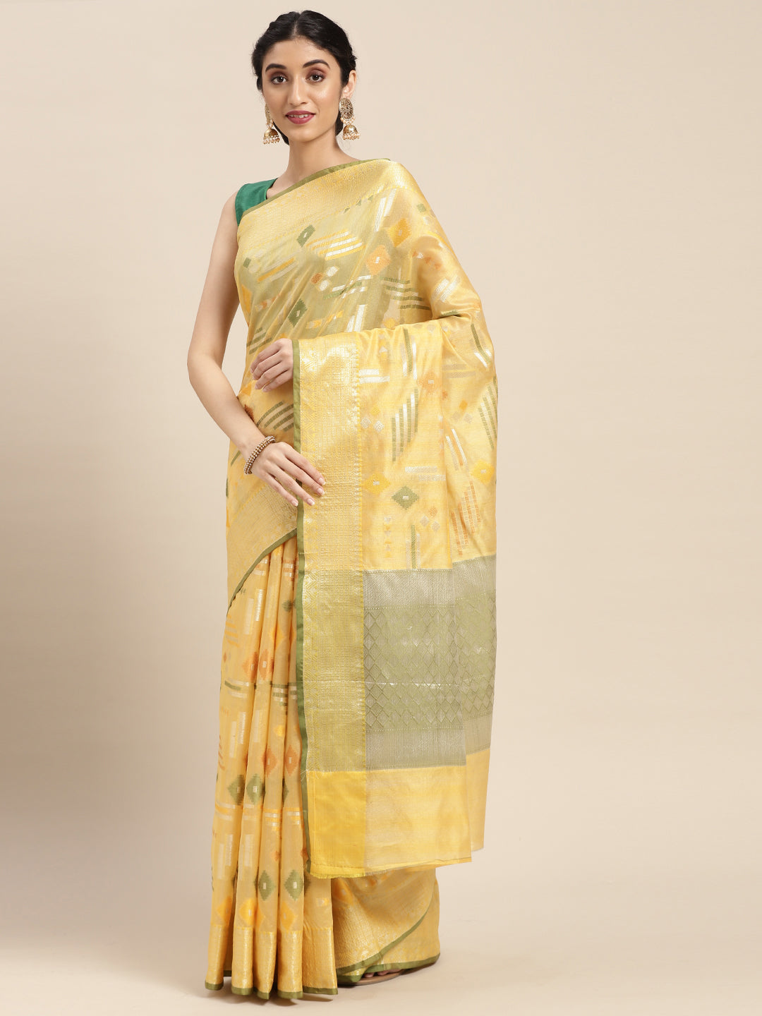 Faishana Presents Handwoven Gold Mulberry Silk Geometrical Motif Tilfi Zari Border With Green Blouse Banarasi Saree