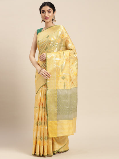 Faishana Presents Handwoven Gold Mulberry Silk Geometrical Motif Tilfi Zari Border With Green Blouse Banarasi Saree