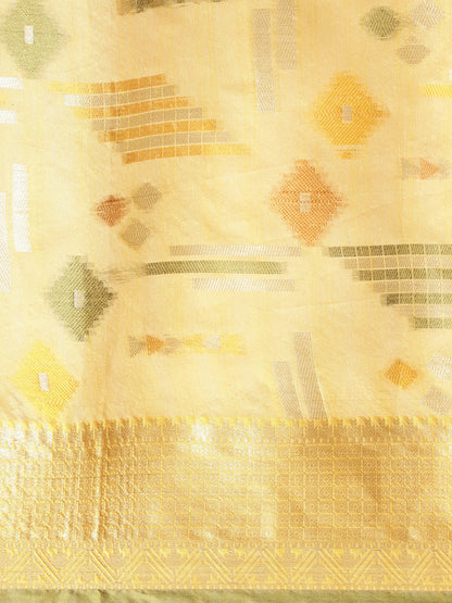 Faishana Presents Handwoven Gold Mulberry Silk Geometrical Motif Tilfi Zari Border With Green Blouse Banarasi Saree