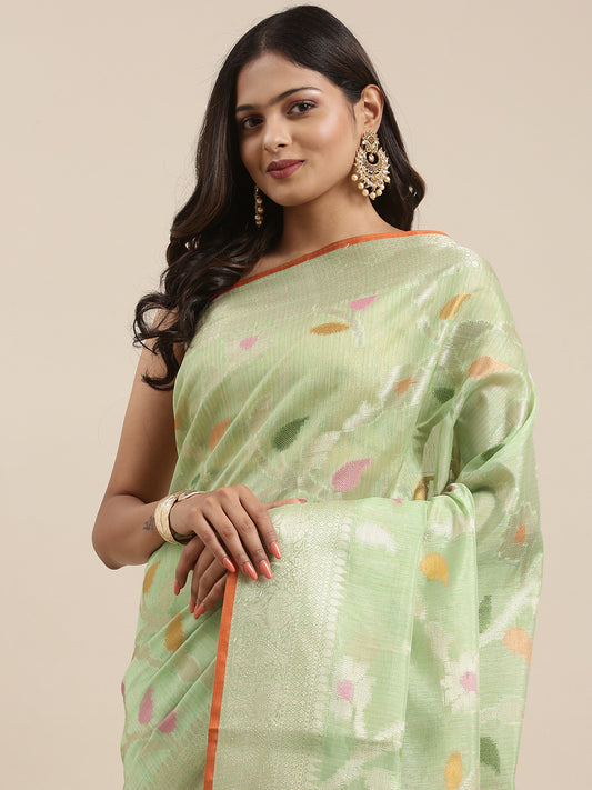Faishana Presents Handwoven Pistachio Green Mulberry Silk Tilfi Jaal Zari Border With Orange Blouse Banarasi Saree