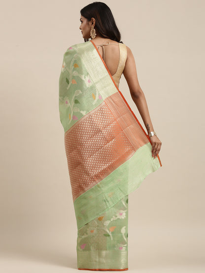 Faishana Presents Handwoven Pistachio Green Mulberry Silk Tilfi Jaal Zari Border With Orange Blouse Banarasi Saree