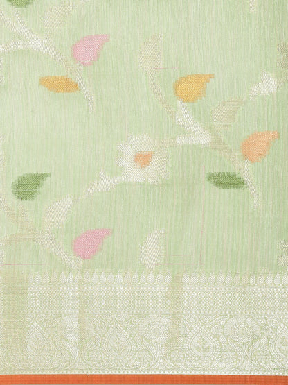 Faishana Presents Handwoven Pistachio Green Mulberry Silk Tilfi Jaal Zari Border With Orange Blouse Banarasi Saree