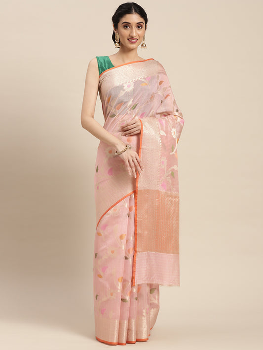 Faishana Presents Handwoven Peach Mulberry Silk Tilfi Jaal Zari Border With Orange Blouse Banarasi Saree