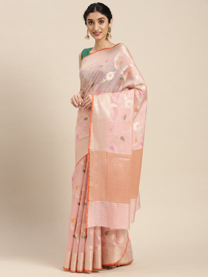 Faishana Presents Handwoven Peach Mulberry Silk Tilfi Jaal Zari Border With Orange Blouse Banarasi Saree