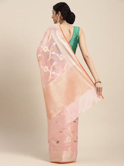 Faishana Presents Handwoven Peach Mulberry Silk Tilfi Jaal Zari Border With Orange Blouse Banarasi Saree