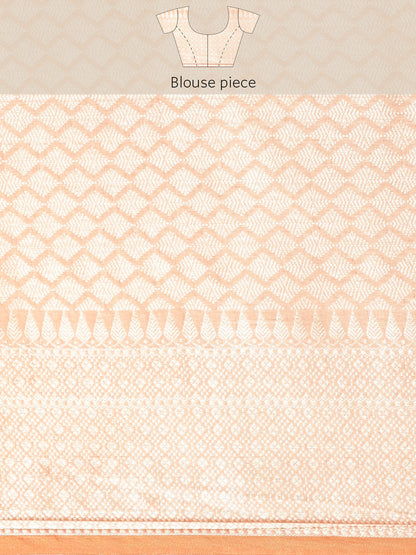 Faishana Presents Handwoven Peach Mulberry Silk Tilfi Jaal Zari Border With Orange Blouse Banarasi Saree