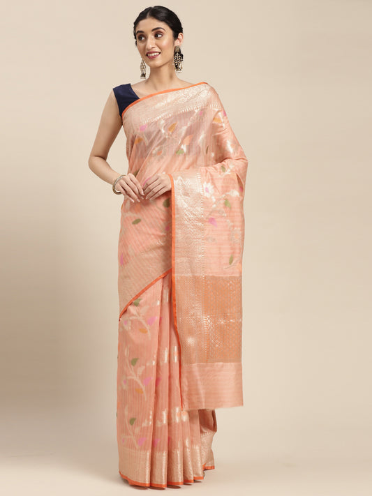 Faishana Presents Handwoven Pink Mulberry Silk Tilfi Jaal Zari Border With Orange Blouse Banarasi Saree