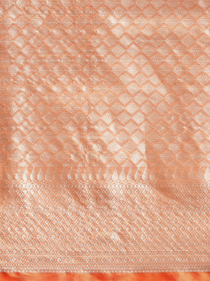Faishana Presents Handwoven Pink Mulberry Silk Tilfi Jaal Zari Border With Orange Blouse Banarasi Saree