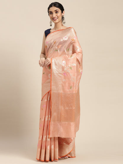 Faishana Presents Handwoven Pink Mulberry Silk Tilfi Jaal Zari Border With Orange Blouse Banarasi Saree