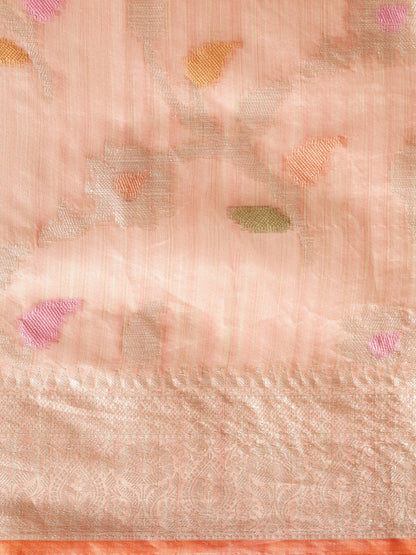 Faishana Presents Handwoven Pink Mulberry Silk Tilfi Jaal Zari Border With Orange Blouse Banarasi Saree