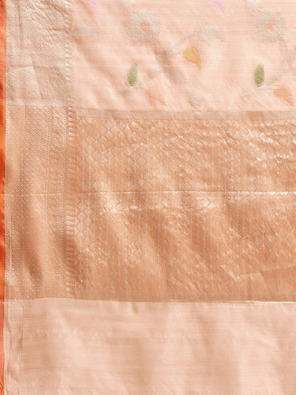 Faishana Presents Handwoven Pink Mulberry Silk Tilfi Jaal Zari Border With Orange Blouse Banarasi Saree