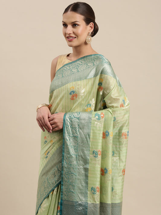 Faishana Presents Handwoven Pistachio Mulberry Silk Tilfi Boota Zari Border With Blue Blouse Banarasi Saree
