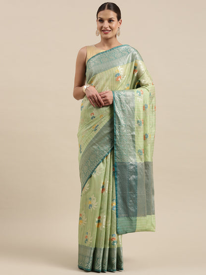 Faishana Presents Handwoven Pistachio Mulberry Silk Tilfi Boota Zari Border With Blue Blouse Banarasi Saree
