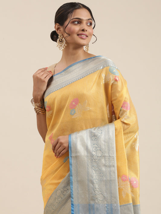 Faishana Presents Handwoven Gold Mulberry Silk Tilfi Skirt Zari With Peacock Blue Blouse Banarasi Saree