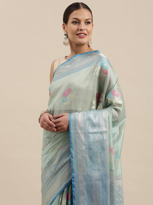 Faishana Presents Handwoven Seagreen Mulberry Silk Tilfi Skirt Zari Border With Peacock Blue Blouse Banarasi Saree