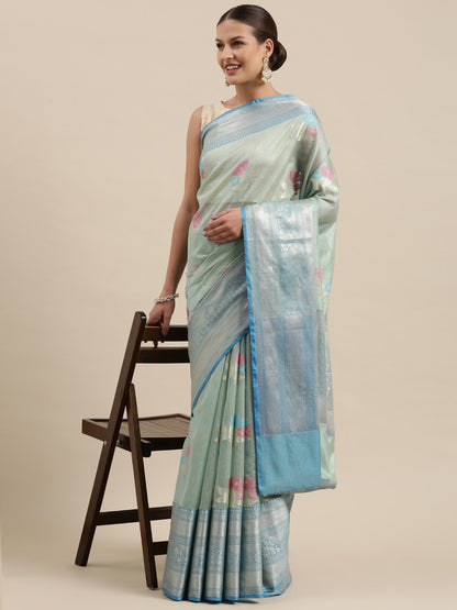 Faishana Presents Handwoven Seagreen Mulberry Silk Tilfi Skirt Zari Border With Peacock Blue Blouse Banarasi Saree