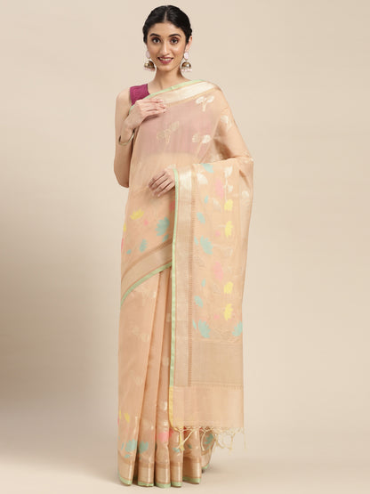 Faishana Presents Handwoven Beige Masrise Cotton Boota Alfi Skirt Border With Beige Blouse Banarasi Saree