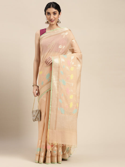 Faishana Presents Handwoven Beige Masrise Cotton Boota Alfi Skirt Border With Beige Blouse Banarasi Saree