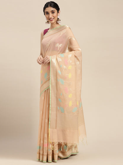 Faishana Presents Handwoven Beige Masrise Cotton Boota Alfi Skirt Border With Beige Blouse Banarasi Saree