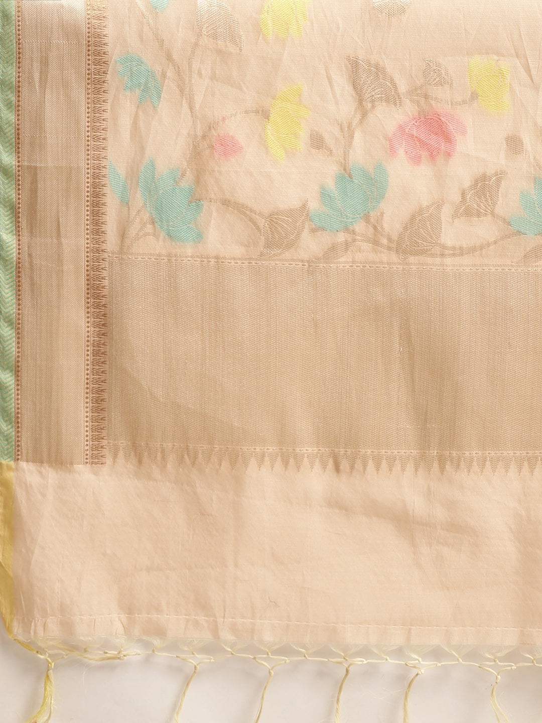 Faishana Presents Handwoven Beige Masrise Cotton Boota Alfi Skirt Border With Beige Blouse Banarasi Saree