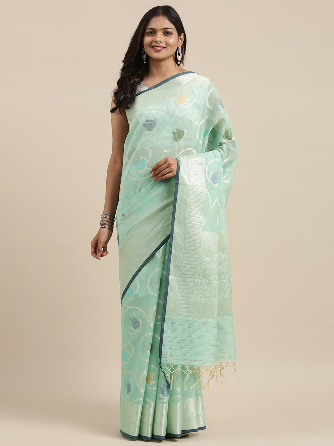 Faishana Presents Handwoven Seagreen Masrise Cotton Tilfi Jaal Zari Border With Seagreen Blouse Banarasi Saree