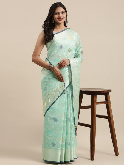 Faishana Presents Handwoven Seagreen Masrise Cotton Tilfi Jaal Zari Border With Seagreen Blouse Banarasi Saree