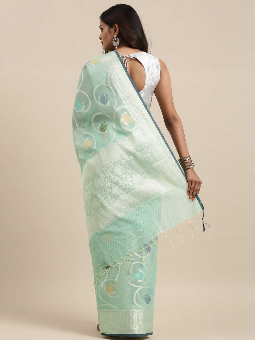 Faishana Presents Handwoven Seagreen Masrise Cotton Tilfi Jaal Zari Border With Seagreen Blouse Banarasi Saree