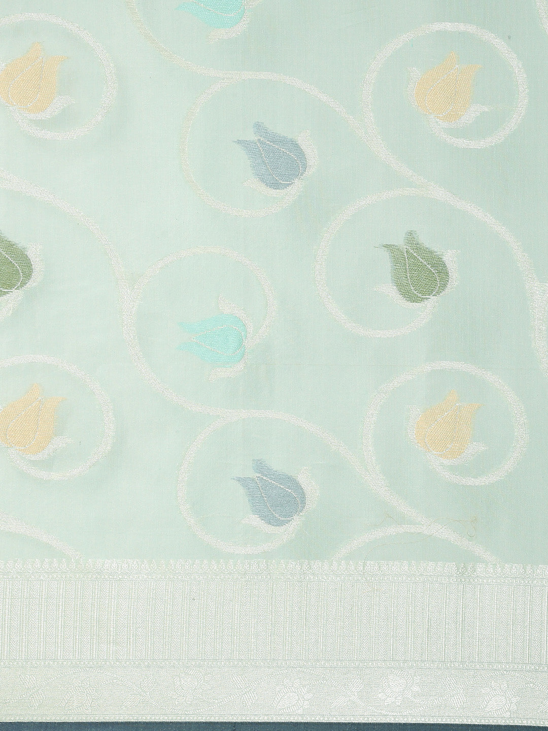Faishana Presents Handwoven Seagreen Masrise Cotton Tilfi Jaal Zari Border With Seagreen Blouse Banarasi Saree