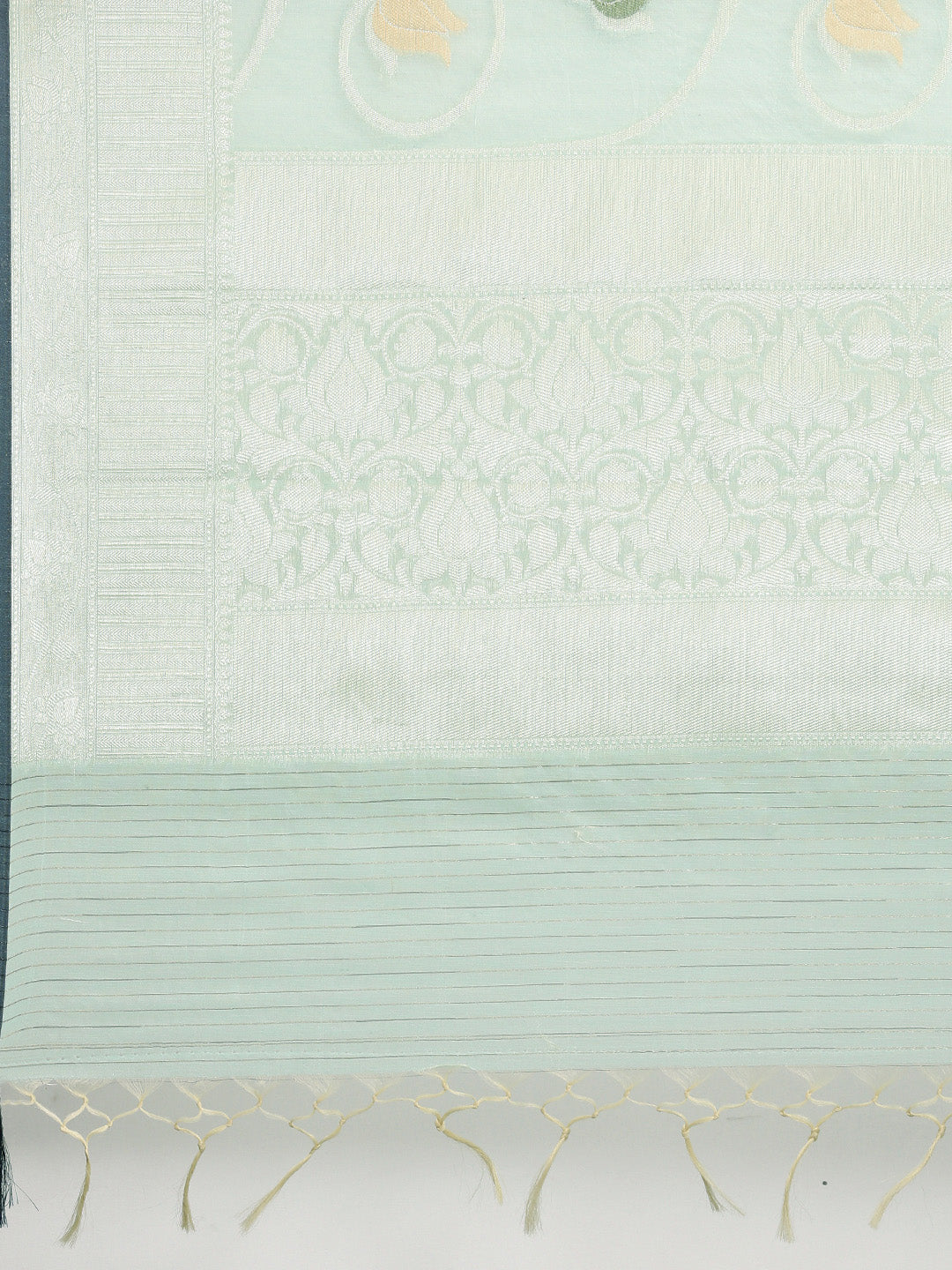 Faishana Presents Handwoven Seagreen Masrise Cotton Tilfi Jaal Zari Border With Seagreen Blouse Banarasi Saree