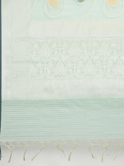 Faishana Presents Handwoven Seagreen Masrise Cotton Tilfi Jaal Zari Border With Seagreen Blouse Banarasi Saree