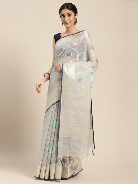 Faishana Presents Handwoven Grey Masrise Cotton Tilfi Jaal Zari Border With Grey Blouse Banarasi Saree