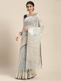 Faishana Presents Handwoven Grey Masrise Cotton Tilfi Jaal Zari Border With Grey Blouse Banarasi Saree