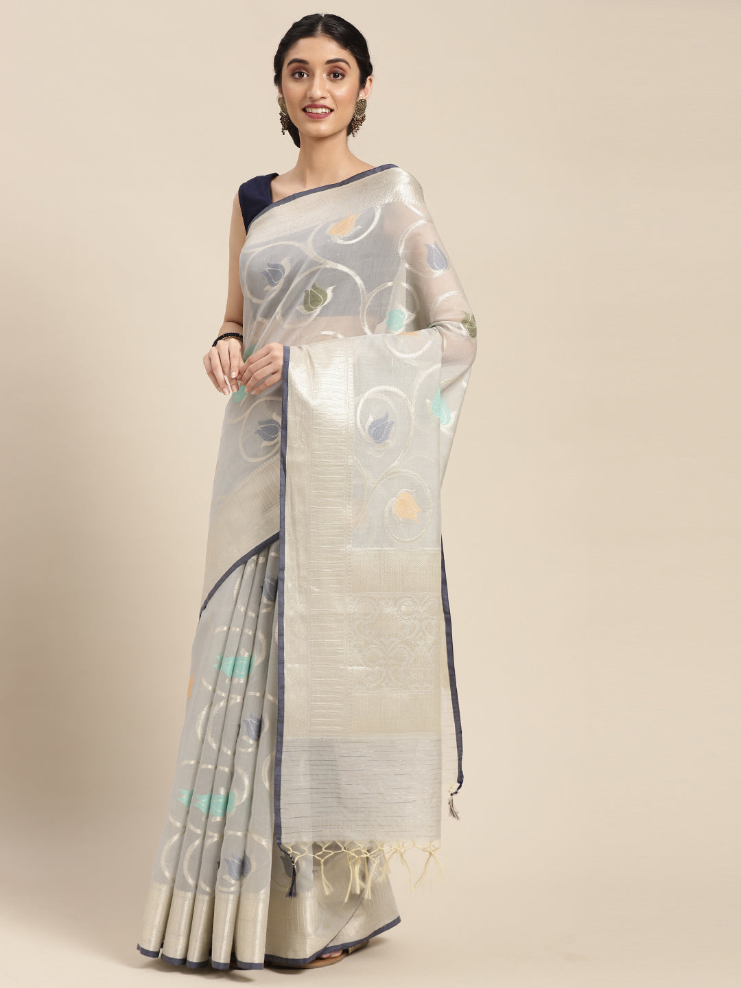 Faishana Presents Handwoven Grey Masrise Cotton Tilfi Jaal Zari Border With Grey Blouse Banarasi Saree
