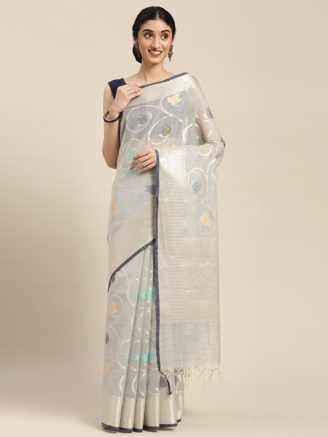 Faishana Presents Handwoven Grey Masrise Cotton Tilfi Jaal Zari Border With Grey Blouse Banarasi Saree