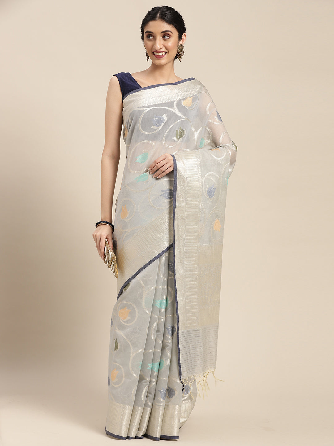 Faishana Presents Handwoven Grey Masrise Cotton Tilfi Jaal Zari Border With Grey Blouse Banarasi Saree