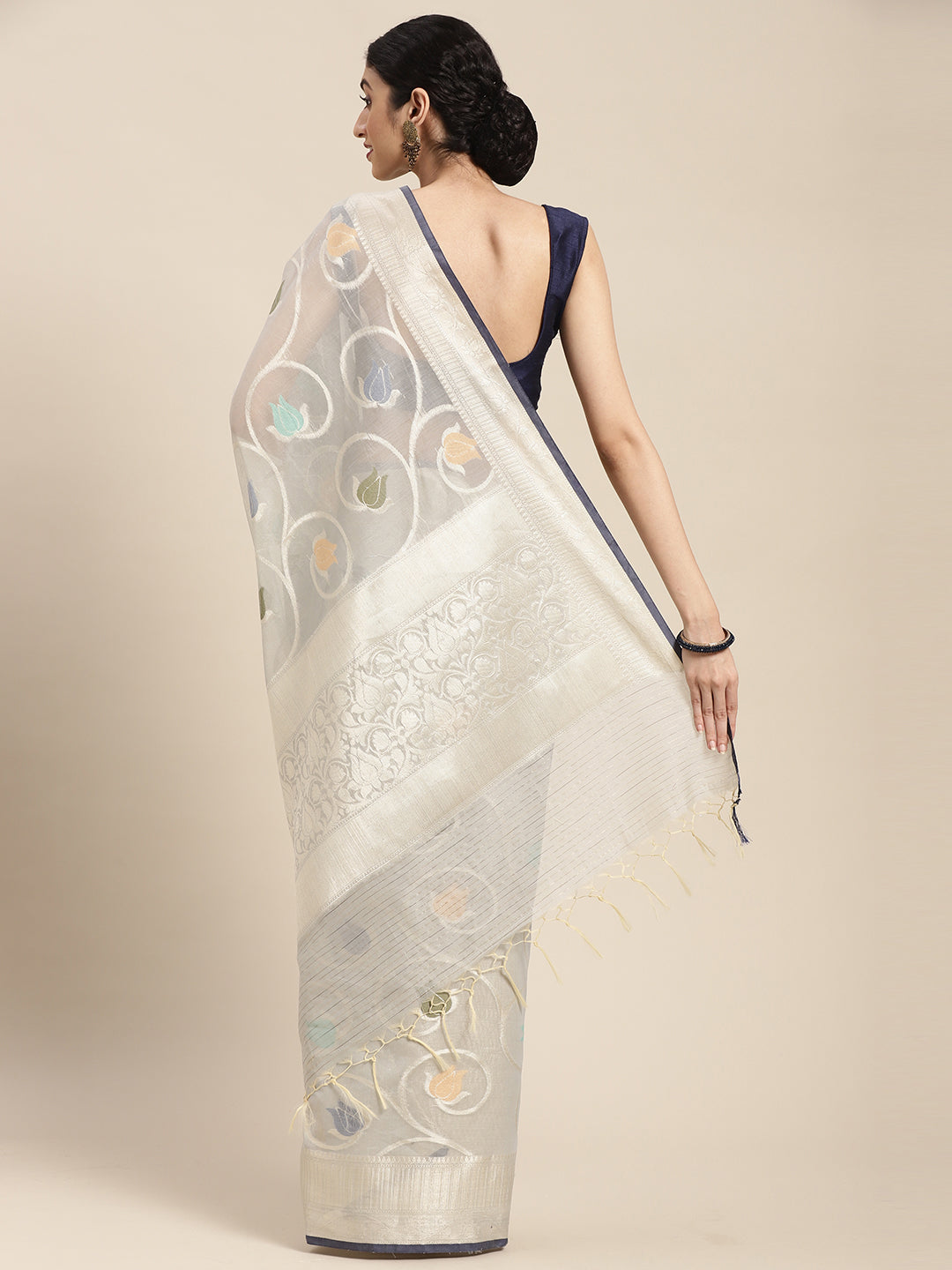 Faishana Presents Handwoven Grey Masrise Cotton Tilfi Jaal Zari Border With Grey Blouse Banarasi Saree